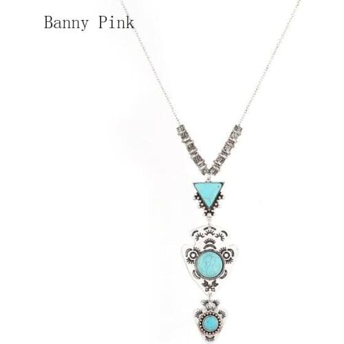 Bohemia Geo Alloy Long Pendant Necklace For Women Ethnic Synthetic Stone Statement Long Chain Necklace Fashion Jewelry Colliers