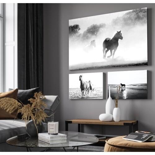 Black And White Running Horses Canvas Painting Animal Forest River Wall Art Prints And Poster Pictures Living Room Home Decor