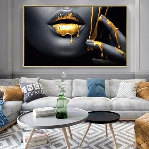 DDWW Wall art Black Africa Woman Golden Lip Portrait Canvas Painting Posters and Prints Wall Art Picture for Living Room
