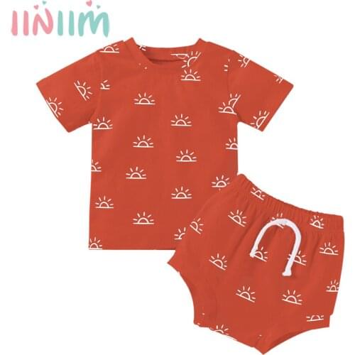 Infant Baby Boys Girls Summer Outfit Short Sleeves Sun Pattern T-shirts with High Waist Shorts Set for Newborns Party Clothing