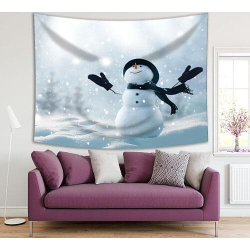 Tapestry Merry Christmas and Happy New Year Theme Snowing Winter Landscape White Dark Blue Artwork