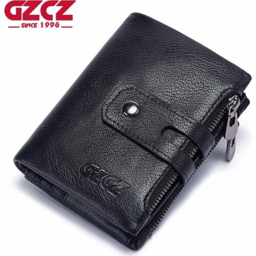 GZCZ Genuine Leather Men Wallet Casual Short Coin pocket Purse Small clutch Male Purses Zipper Card Holder Clamp For Money Bag