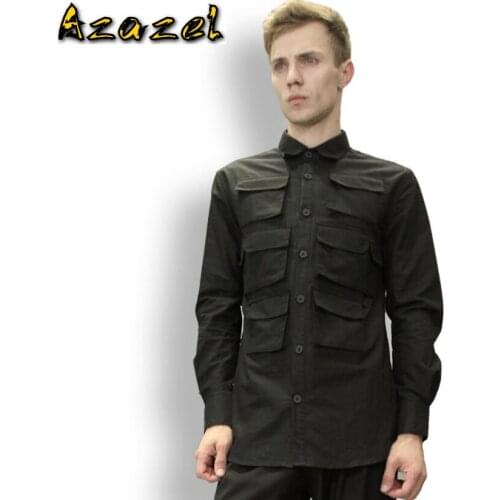 Summer Mens new multi-pocket shirt men Korean version Slim casual long-sleeved shirts black mens tide Comfortable clothing