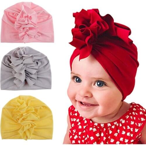 2020 New Fashion Pleated Flower Babies' Knitted Cotton Cloth Beanie Cute Flower Baby Girl Hat Soft Newborn Infant Cap Bonnet