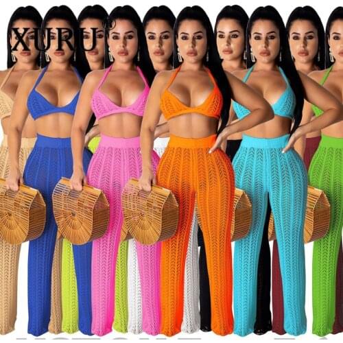 XURU 2021 Summer New Womens Jumpsuit Two-piece Suit European and American Sexy Knitted Mesh Hollow Perspective Jumpsuit