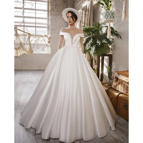 New Arrivals O-neck Long Sleeve Beading Pearls Princess Satin Wedding Dresses With Pockets Aliexpress Online Shop Sukienki