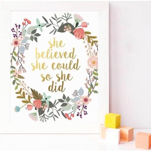 She Believed She Could So She Did Quote Print Nursery Girls Gift Floral Motivational Wall Art Picture Canvas Painting Wall Decor