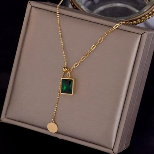 316L stainless steel fadeless simple temperament necklace emerald small public design sense pendant temperament necklace chain