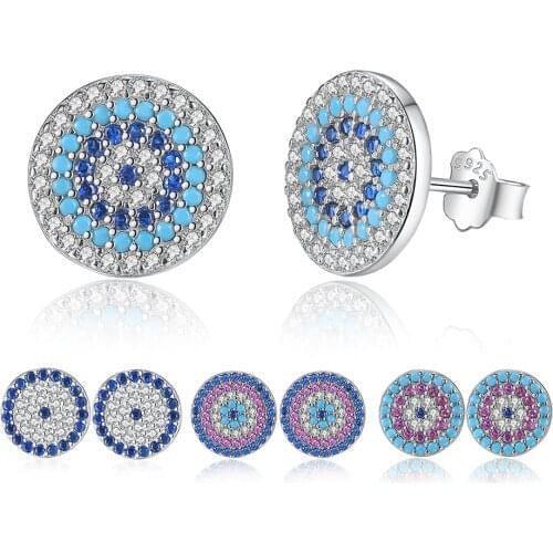 Authentic 925 Sterling Silver Blue Eye Round Stud Earrings for Women Cubic Zirconia Crystal Lucky Turkey Earring Fashion Jewelry
