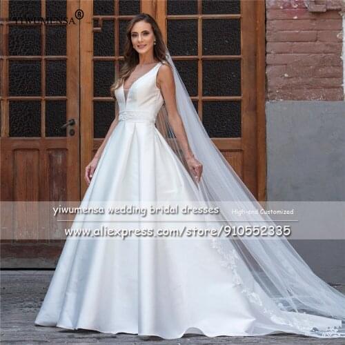 Simple Soft Satin A Line Robe De Mariee Crystald Beaded V Neck Bridal Gowns Plus Size Backless Wedding Dresses Floor Length A338