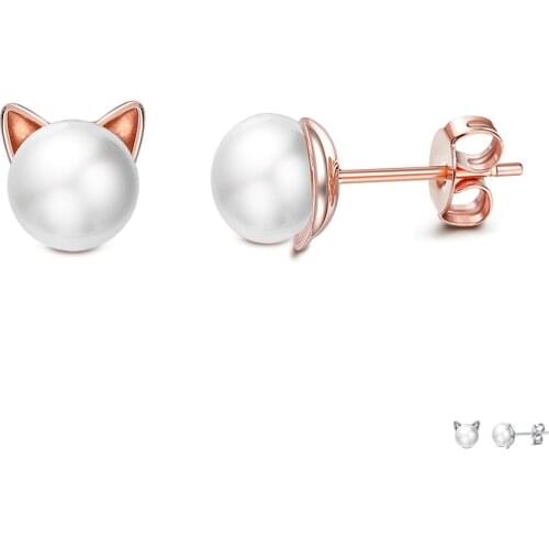 SILVERHOO S925 Sterling Silver Stud Earrings Freshwater Pearl Kitten Shaped Natural Earring for Women Engagement Party Jewelry