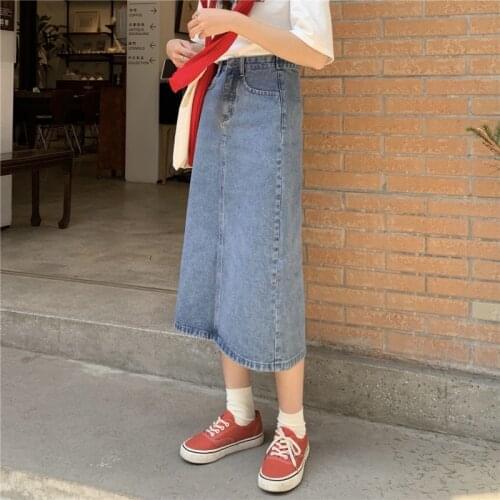 Traf 2021 Summer Women Korean Long Jeans Midi Loose Skirts Blue Black Split High Waist Casual Denim Vintage Female Harajuku Y2K