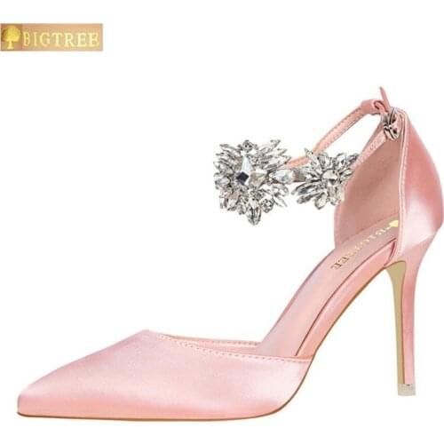 BIGTREE women pumps 9.5CM high heels shoes satin hollow shallowly pointed head water drill with a word of Pointed Toe sandals