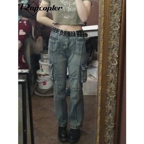 Rapcopter Vintage y2k Jeans Low Waisted Pockets Trousers Baggy Casual Fashion Denim Cargo Pants Women Straight Hot Korean Jeans