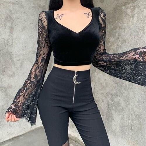 Vintage Gothic Velvet Lace Top Harajuku Sexy Perspective Long-sleeved Crop Top Female Autumn Elegant and Beautiful Basic Top