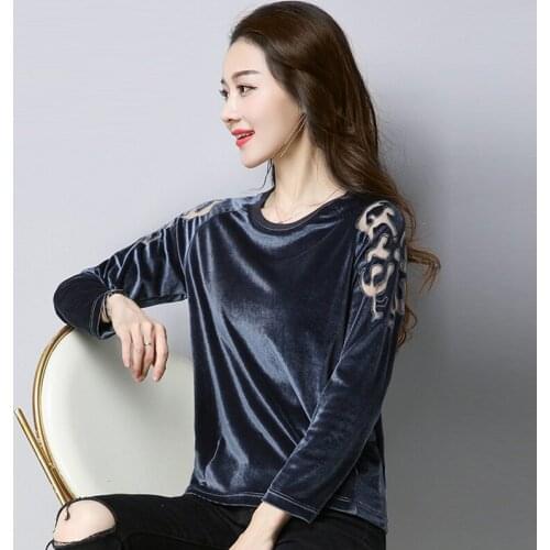 2018 Spring Autumn Womens Hollow Out Grey Black Velour T Shirt , Long Sleeve Tees , Woman Winter Velvet 4xl Tee Shirts Tops