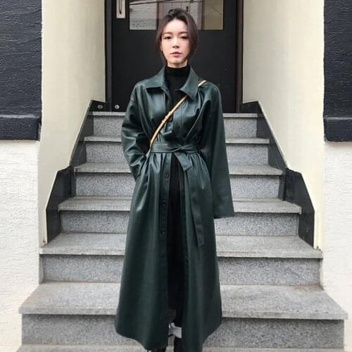 2020 New Spring Fashion Long Type PU Leather Windbreaker Loose Single-breasted Long Coat