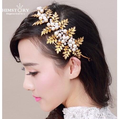 HINSTORY Bridal Wedding Party Hair Jewelry Gold Leaf Pearl Women Headbands Crystal Flower Head Piece Bride Vintage Hair Bands