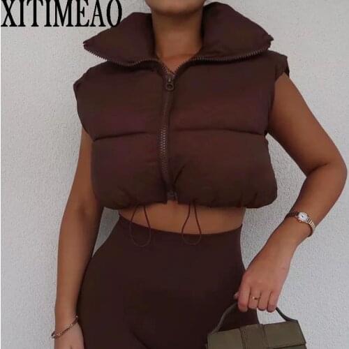 ZA Women 2021 Fashion Thick Warm Parkas Coat Vintage Pockets Drawstring Female Sleeveless Cotton Vest Outerwear Chic Tops