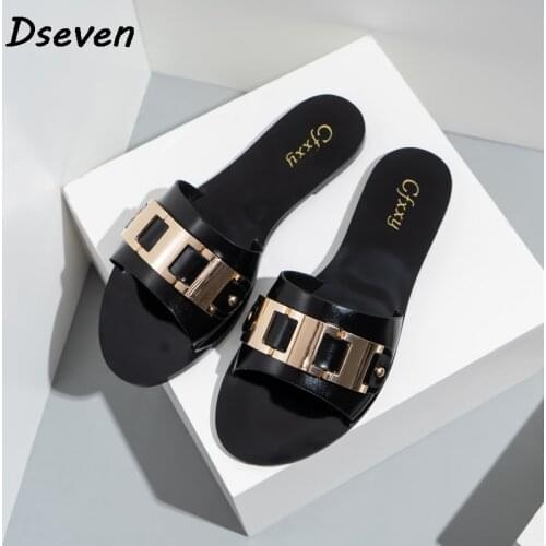 2021 Summer New Womens Sandals Flat Open Toe Outdoor Slippers Fashion Metal Buckle Non-slip Woman Beach Shoes Slides Size 37-42