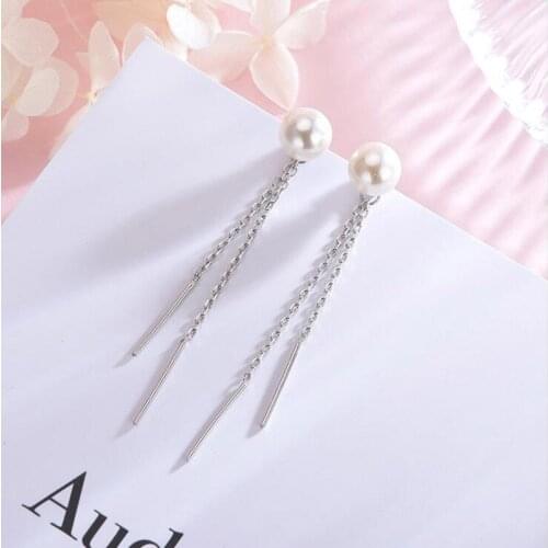 Hot Sale Real 925 Sterling Silver Long Tassel Chain Drop Earrings For Women Statement Korean Freshwater Pearl Earring Jewelry