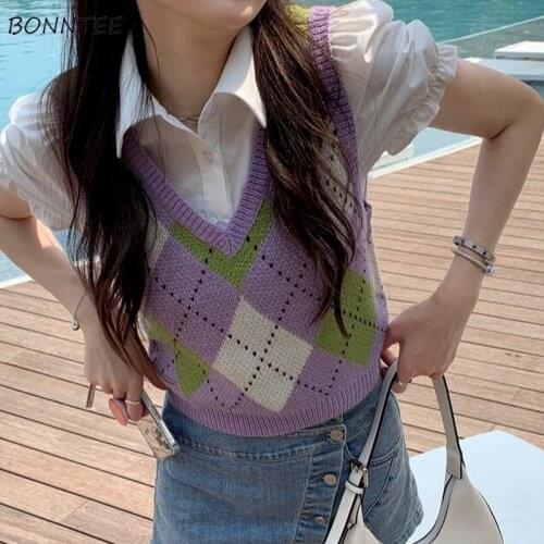 Sweater Vest Women V-Neck Cozy Patchwork Fashion Leisure All-match Spring Student Sweet Knitting Sleeveless Korean Style Female