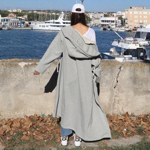 Harajuku Women Black Gary Hooded Loose Long Coat Korean Fashion Ankle Length Sweatshirt Trench Fall Coat Women