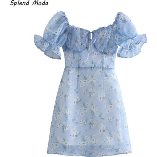 2021 French Sweet Summer Square Collar Printed Dress Sexy Fashion Puff Sleeve Lace-up Slim-Fit Mini Dresses Zipper Vestido