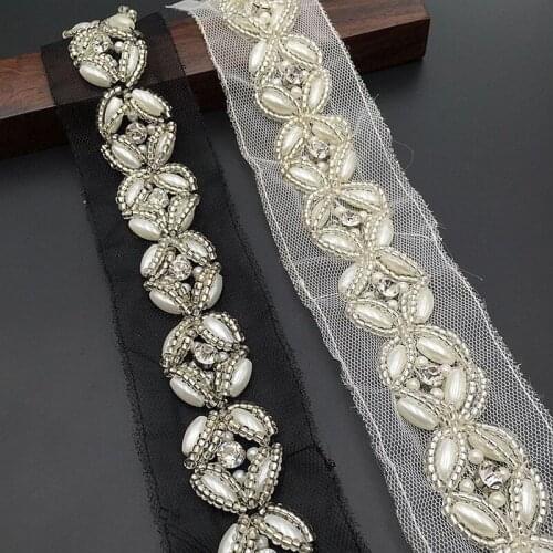 1 piece(5.8yards) Black White Beaded Lace Trim DIY Wedding Dress Pearl Rhinestone Garment Lace Accessories Jewelry material