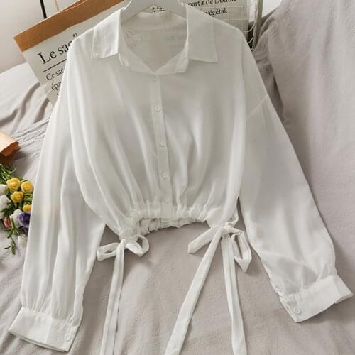 AZYT Spring Summer New Women Blouse 2021 Korean Loose Drawstring Solid Button Up Shirt Crop Tops Female Elegant Ladys Shirt