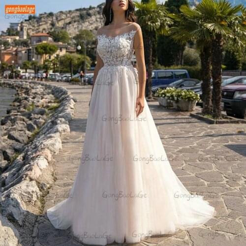 Elegant Beige Wedding Gowns 2021 Boho Sexy Vestido De Noiva Exqusite Lace Appliqus Tulle A Line Bride Dresses Slim Fit Trouwjurk