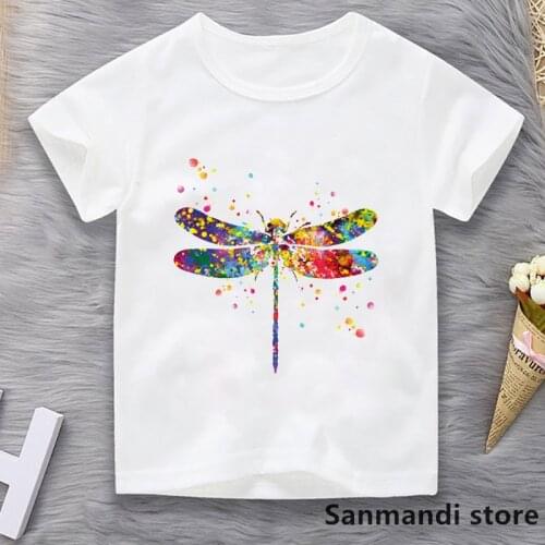 Dragonfly Watercolor Print T Shirt Girls Insect Illustrations Art Kids Clothes Harajuku Kawaii Children Clothing Summer Tops Tee