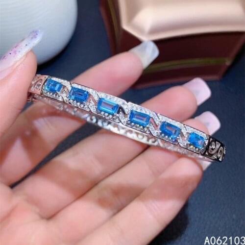 KJJEAXCMY fine jewelry 925 pure silver inlaid natural Blue Topaz womens noble simple square gem open Bracelet support detection