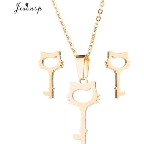 Jisensp Lovely Design Hollow Cat Key Jewelry Sets for Women Cute Kitty Key Stainless Steel Necklace Earrings for Women Gift