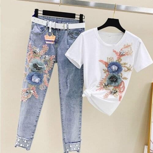 New Women Tshirts + Jeans 2 Pcs Clothing Sets Heavy Work Embroidery 3D Flower Summer Casual Denims 2 Clothing Suits Sets