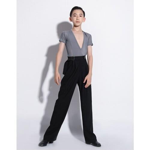 New Summer Kids Boy Dance Transparent Deep V Short Sleeves T-Shirt and Trousers Set Latin Cha Cha Practice Costume G5061
