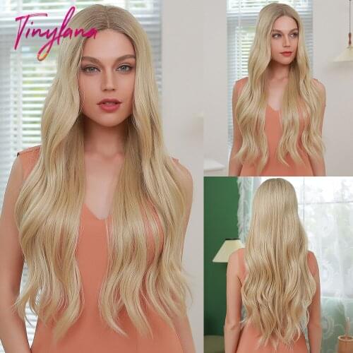 TINY LANA Blonde Synthetic Lace Part Wig for Women Long Body Wave Middle Part Daily Wigs with Brown Roots Heat Resistant Fiber