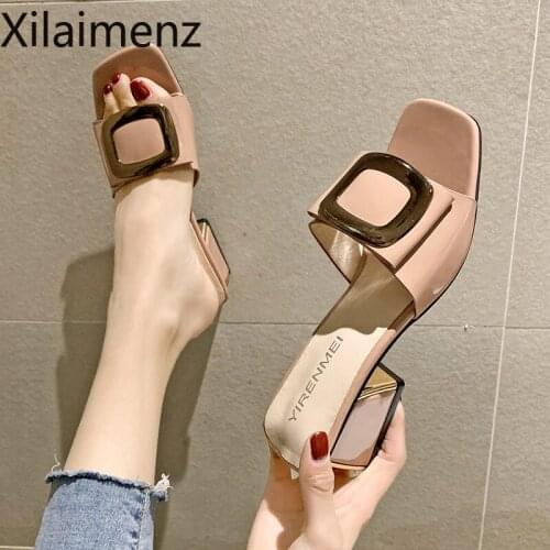 Summer Women Shoes Slippers Fashion Metal Buckle Ladies Mules Slides High Heels Pumps Women Casual Slippers