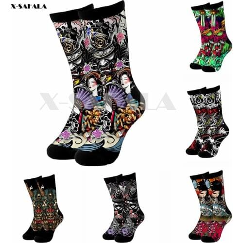 Samurai Tattoo Art 3D Fashion Long Socks Cycling Casual Novelty High Socks Men Women Cotton Funny Colorful Leg Calf Cotton-3