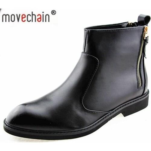 Movechain Fashion Mens Genuine Leather Ankle Boots Man Zipper Punk British Style Chelsea Boot Mens Casual Shoes Flats