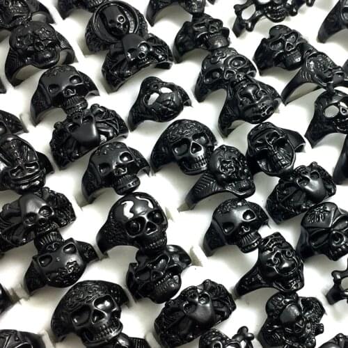 20pcs New Arrival Black Skull Ring Mult-styles Mix Punk Skeleton Ring Mens Rocker Cool Ring Boys Unique Gothic Jewelry