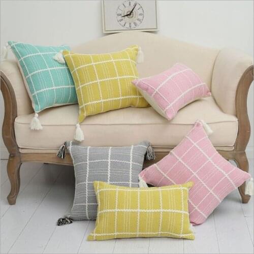 Thick Cotton Lattice Tassels Cushion Cover Pink Grey Blue Geometric Home Decoration Pillow Cover 45x45cm/30x50cm Pillowcase