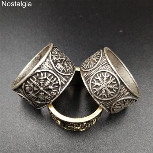 Nostalgia Viking Vegvisir Compass Aegishjalmur Helm Of Awe Scandinavian Amulet Runes Jewelry Men Ring Bague Slavic Talisman