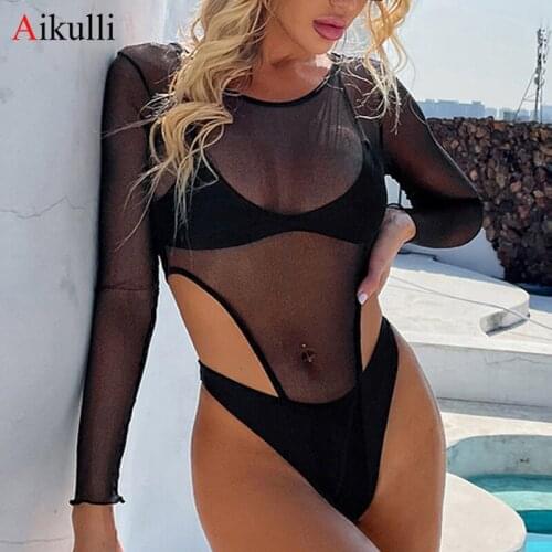 New Swimwear Long-Sleeved Mesh Women Swimsuit Solid Three-Piece Bikini set 2021 Summer Beach Biquini Bathing Suit Swim Beachwear
