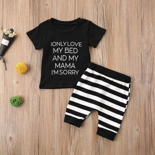 3M-3Years Toddler infant baby boy clothes letter printed short sleeve T-Shirt Tops+Striped Pants 2pcs outfits set