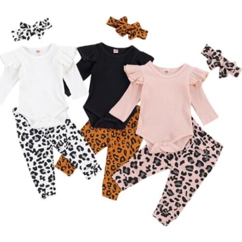 Wholesale 3Pcs Newborn Spring Autumn Baby Clothes Set Infant Girls Cotton Ribbed Long Sleeve Bodysuit Top+Leopard Pants Headband