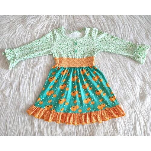 Wholesale/retail pumpkins long sleeve dress baby girls flower elegant dresses kids boutique childrens clothing for Halloween