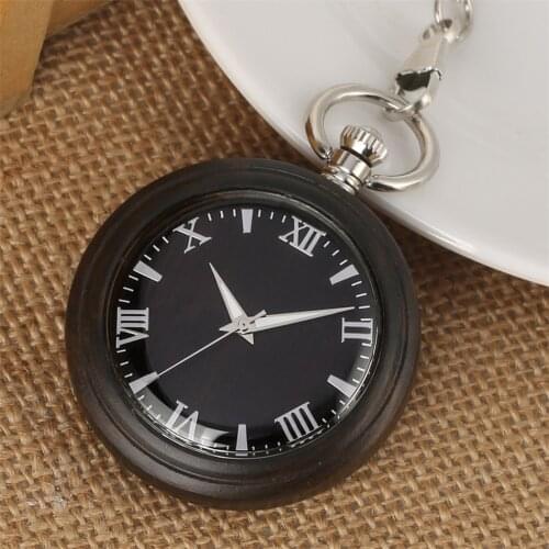 Roman Numerals Black Simple Dial Ebony Wood Pocket Watch Trendy Retro Wooden Pendant Quartz Pocket Timepiece Silver Fob Watches