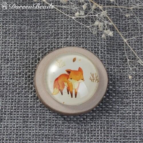 Natural Wood & Glass Pin Brooches Oval Orange Fox Animal Badges For Women Children Coats Hats Bags