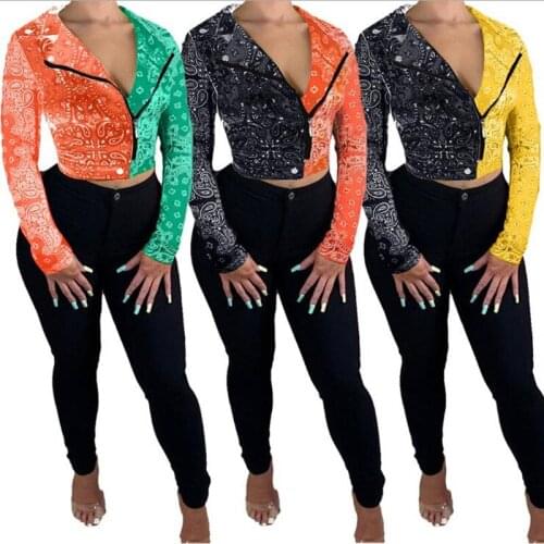 Echoine 2020 Autumn winter Women Bandanna Print Patchwork Zipper Up Long Sleeve coat Motorcycle style Streetwear Jackets